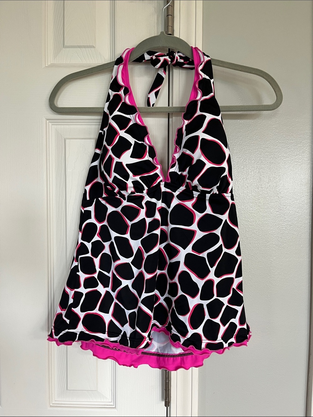 Caribbean Joe Black & White Giraffe Print Halter Tankini Top w/Pink Trim size 16
